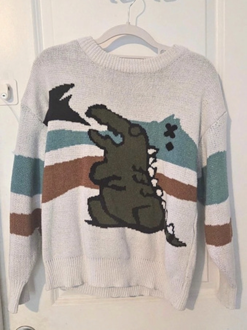No Name Dinosaur Graphic Knit Sweater Gray & Green
